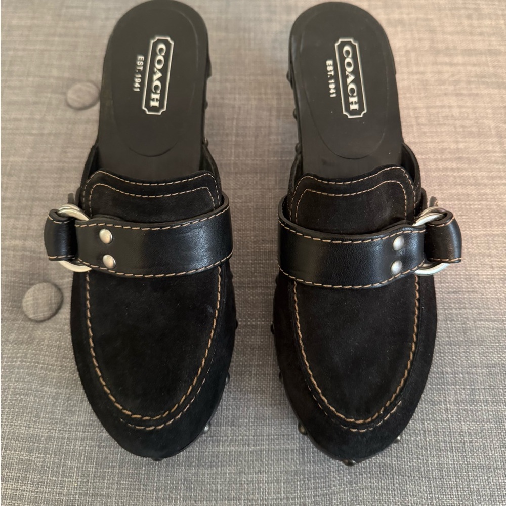 Coach Black Raina Wooden Mules with Buckle Detail